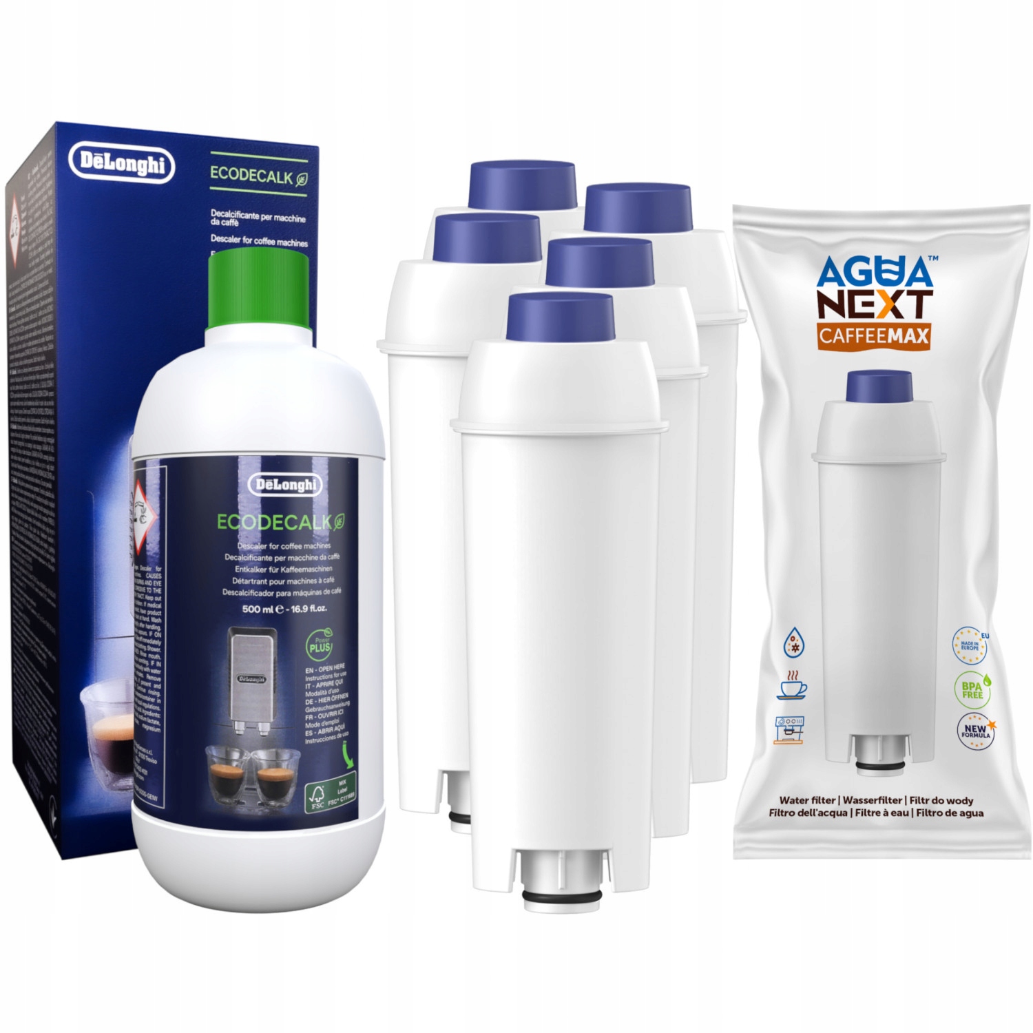 Odvápňovač Delonghi + 5x filter Agua Next do kávovaru Delonghi